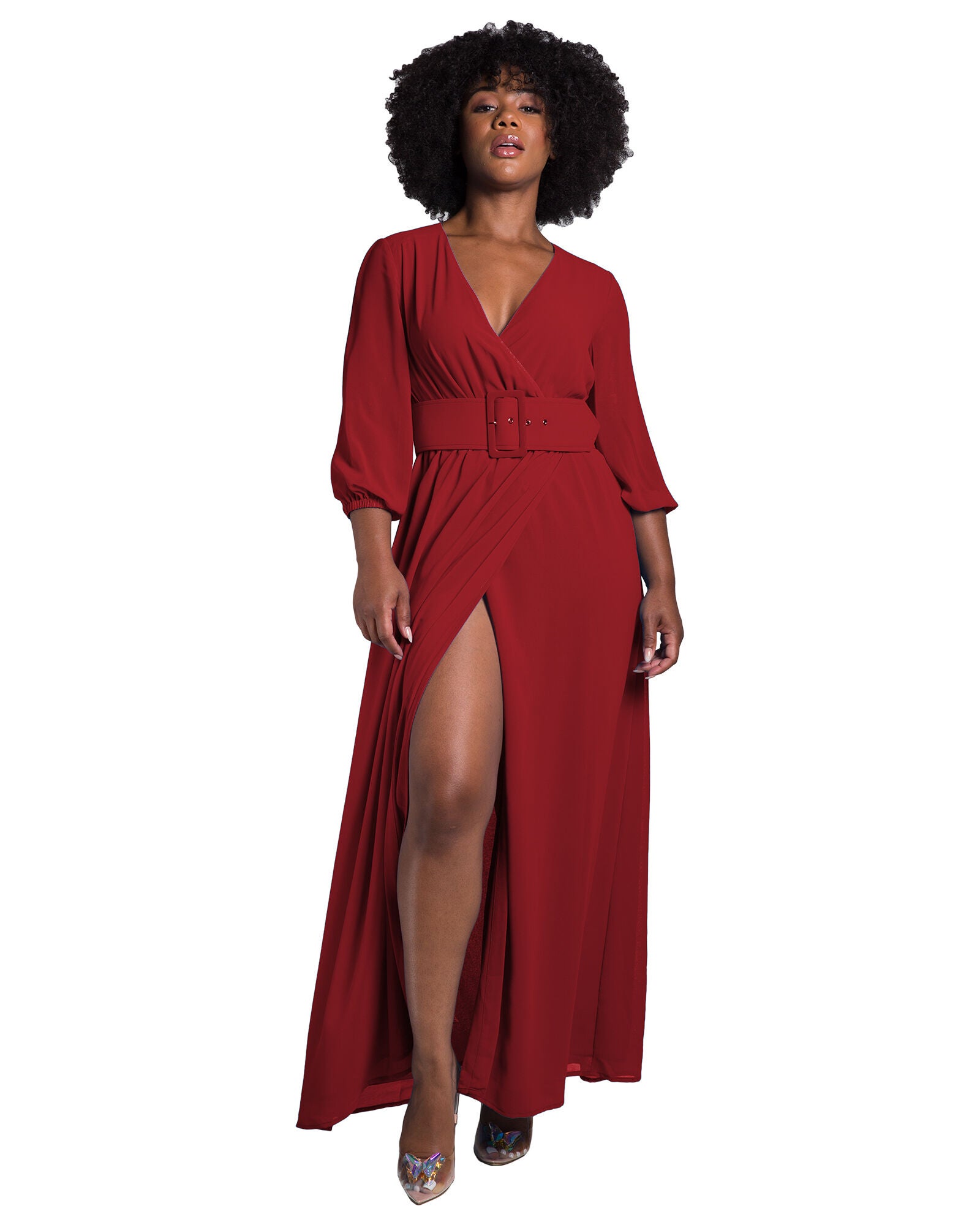 Tida Women&#39;s Plus Size Belted Surplice Maxi Dress, Sunset / Burgundy, alternate image number 3