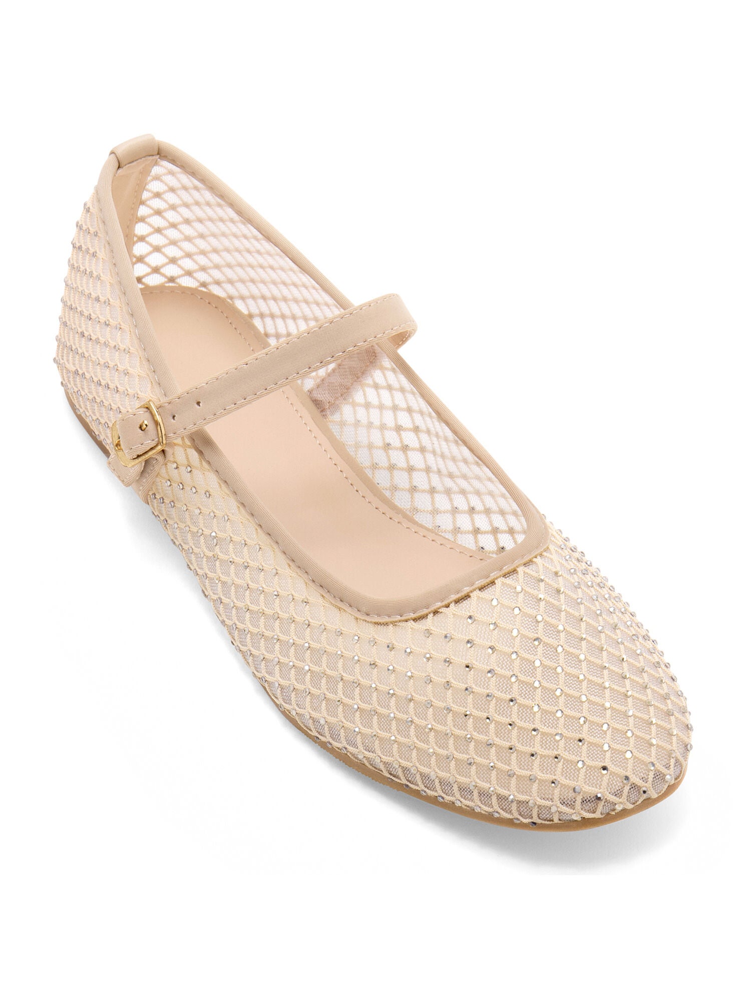 Rhinestone Mesh Flats Buckle Strap slip on Ballet Flat, Champagne / Beige, hi-res image number 0