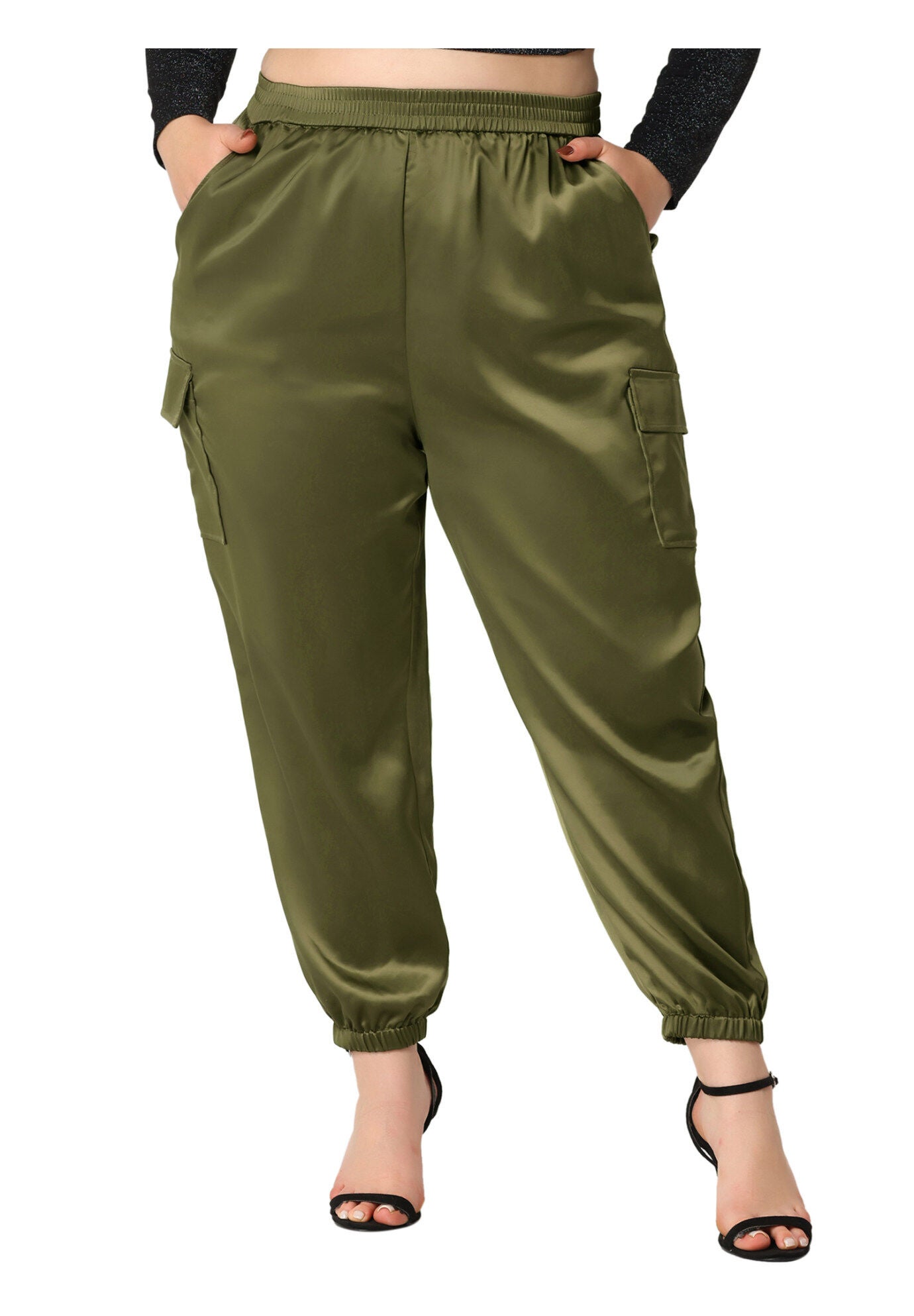 SATIN JOGGERS ELASTIC WAIST ATHLEISURE ANKLE LENGTH CARGO PANTS, Army Green / Sage Green, alternate image number 1