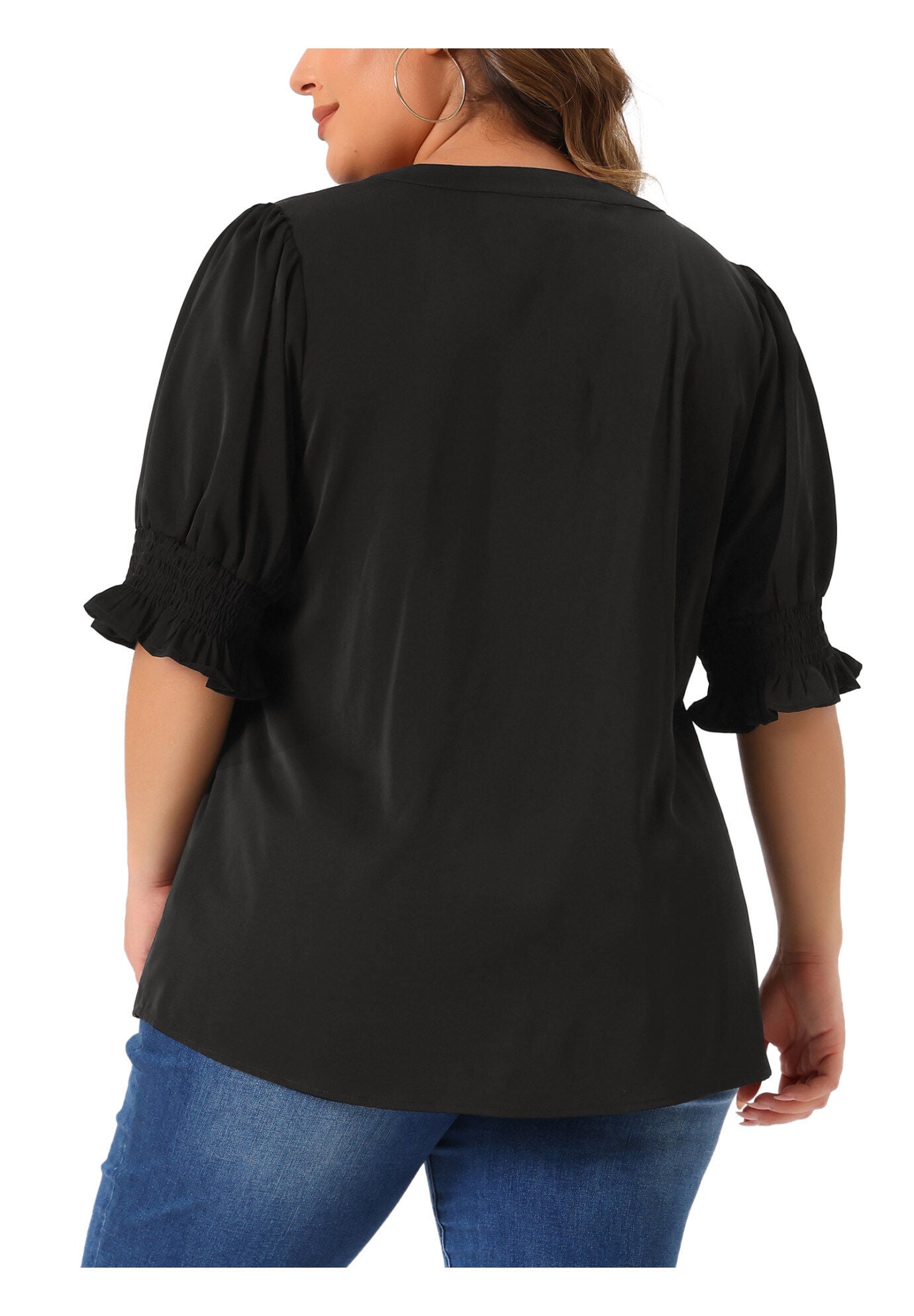 Notched V Neck Puff Short Sleeve Blouse Top, Black / Black, alternate image number 3