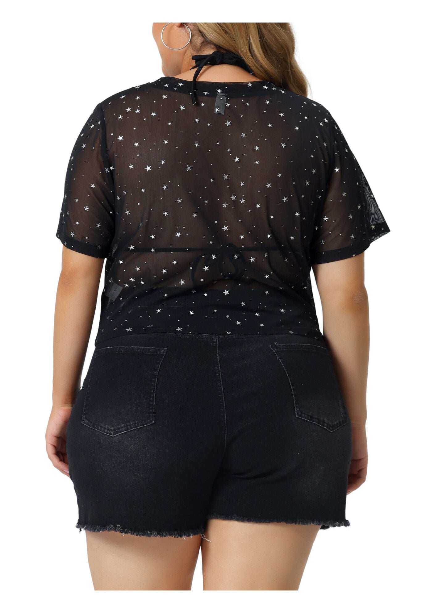 MESH TOP GLITTER SILVER STAR SHEER SEE THROUGH SHORT SLEEVE SHORT TEE, Black / Black, alternate image number 3