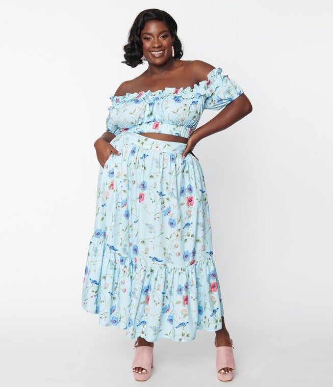 Unique Vintage Blue Floral & Blue Bird Tiered Midi Skirt, Blue Floral / Light Blue, alternate image number null