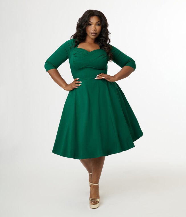 Unique Vintage Plus Size 1950s Ivory Pleated Bust Swing Dress, Kelly Green / Kelly Green, hi-res image number 0