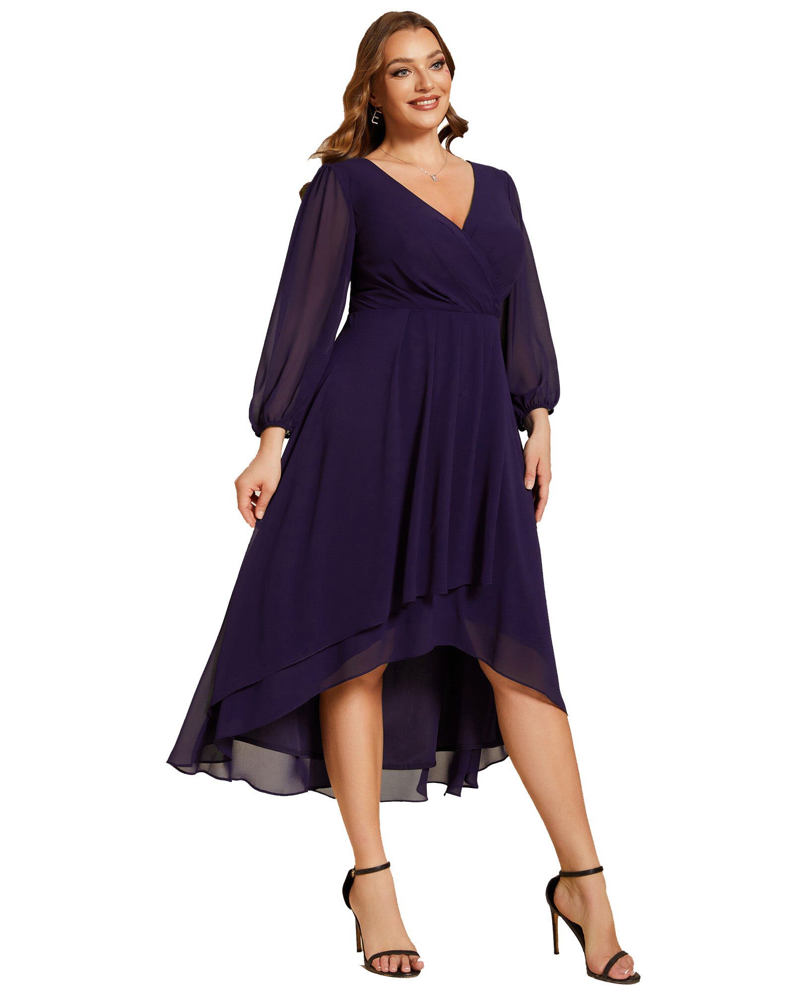 Long Sleeves Asymmetrical Hem A-Line Midi Wedding Guest Dress, , alternate image number 7