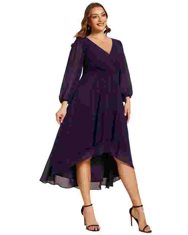 Long Sleeves Asymmetrical Hem A-Line Midi Wedding Guest Dress | Dia & Co