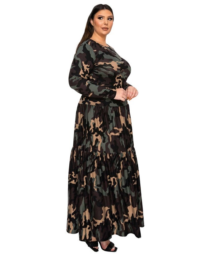 Silvestra Camo Tiered Maxi Dress, Khaki Charcoal / Olive Green, alternate image number 1