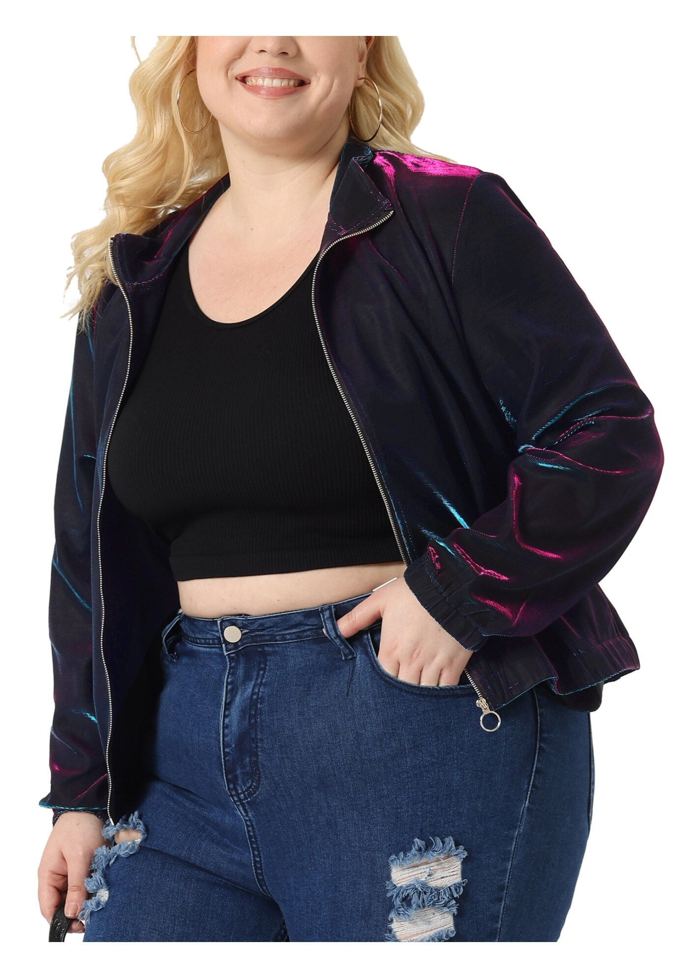 HOLOGRAPHIC MESH LONG SLEEVE ZIP UP JACKET, Blue Purple / Purple, alternate image number 1