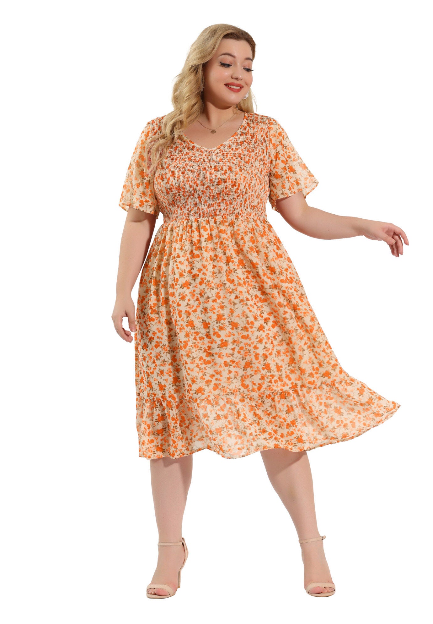 Flare Smock Ruffle Chiffon Floral Midi Dress, White / White, alternate image number 3