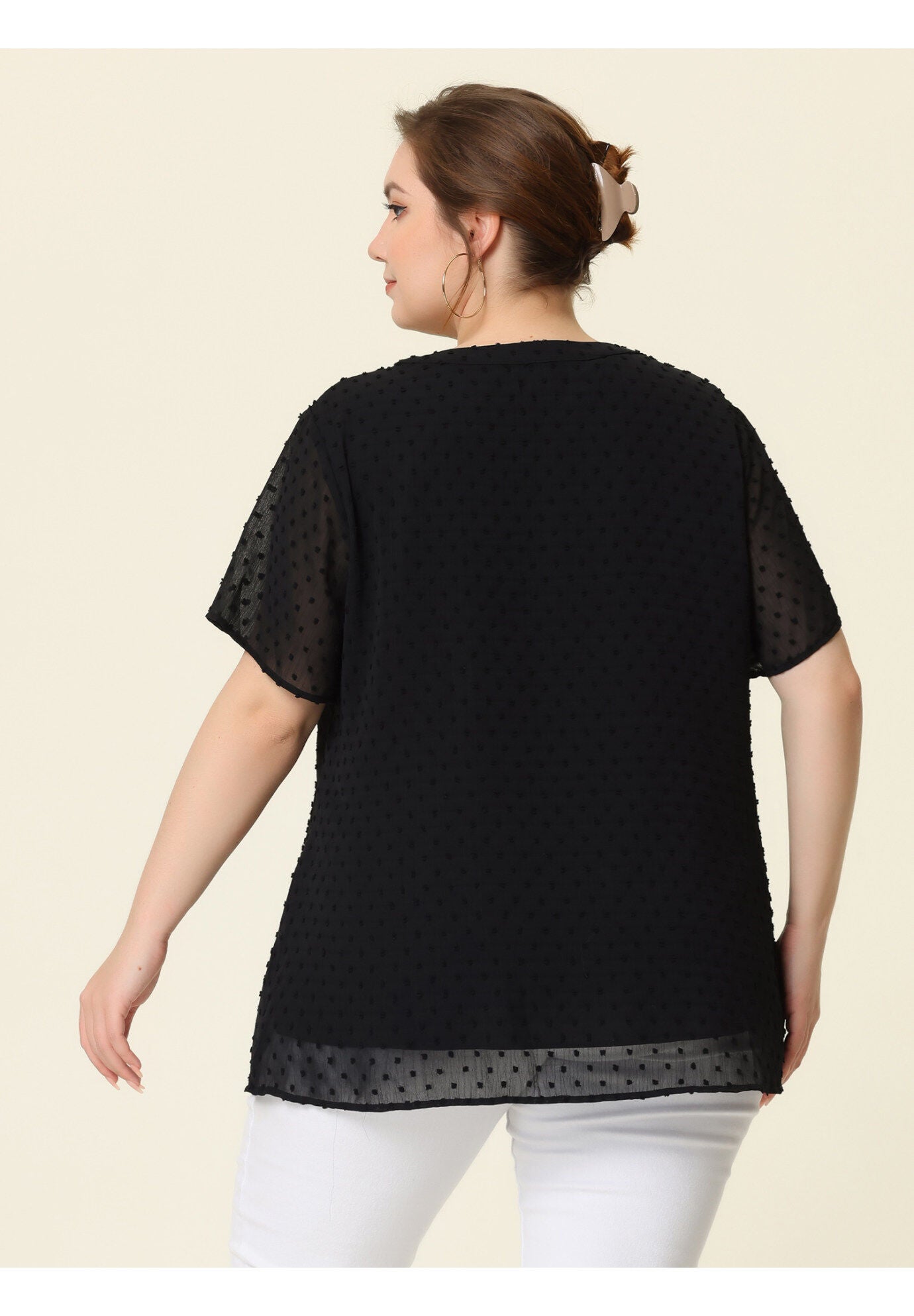 Swiss Dots Notched Neck Short Sleeve Basic Blouse, Black / Black, alternate image number 3
