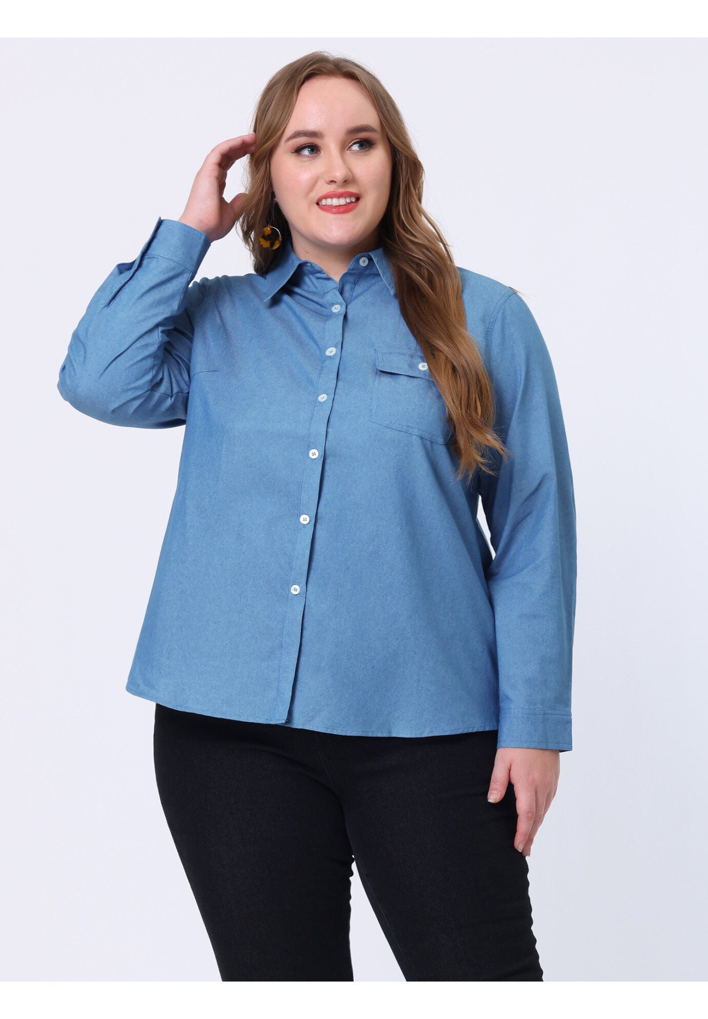 Button Down Long Sleeve Chest Pocket Chambray Shirt, Denim Blue / Chambray Denim Medium, hi-res image number 0