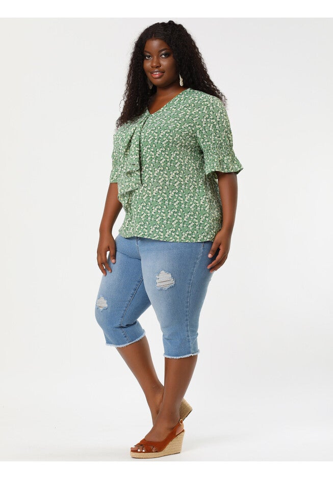 Ruffle Blouse V Neck Smocked Sleeves Top, White Green / Light Green, alternate image number 2