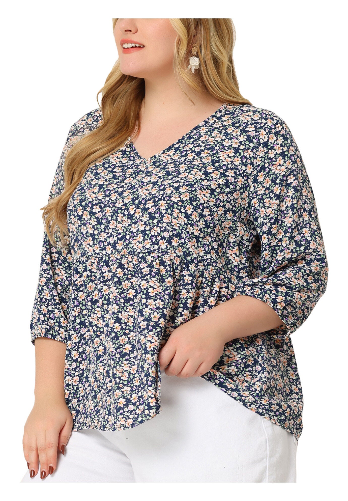 V Neck Babydoll Flowy 3/4 Lantern Sleeve Floral Blouse, Navy Blue / Navy, alternate image number 2