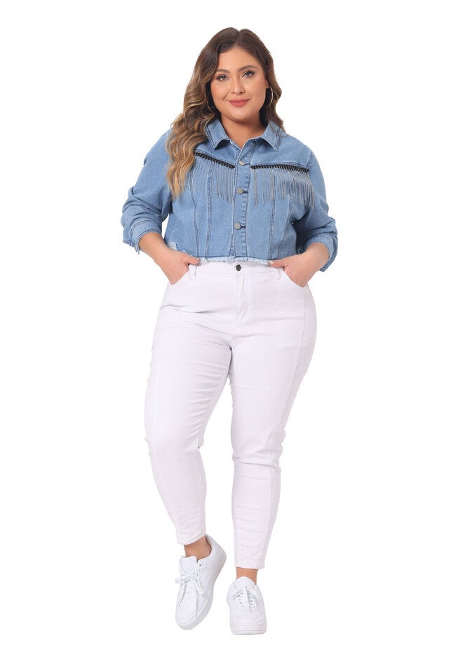 FRAYED HEM TASSEL BUTTON JEANS CROPPED DENIM JACKET, Blue / Light Blue, hi-res image number 0