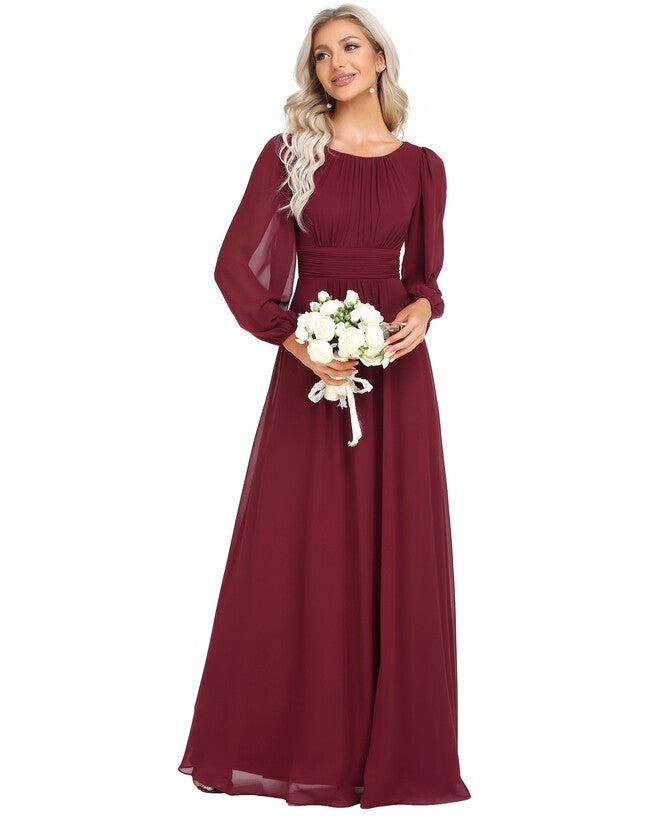 Chiffon High Empire Waist Puff Sleeve Mother Dress, Burgundy / Burgundy, alternate image number 4