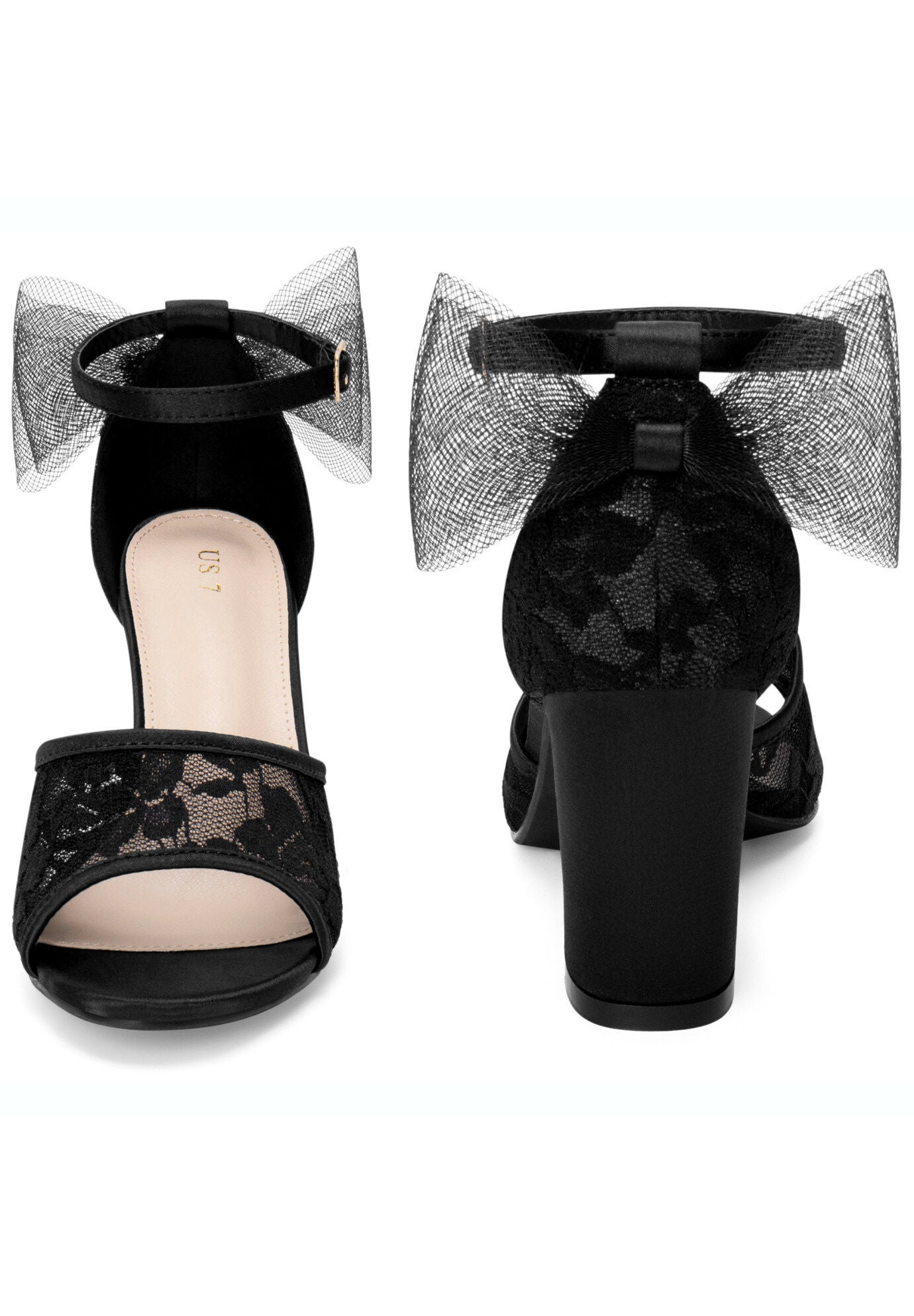 Lace Open Toe Bow Ankle Strap Block Heel Sandals, Black / Black, alternate image number 1