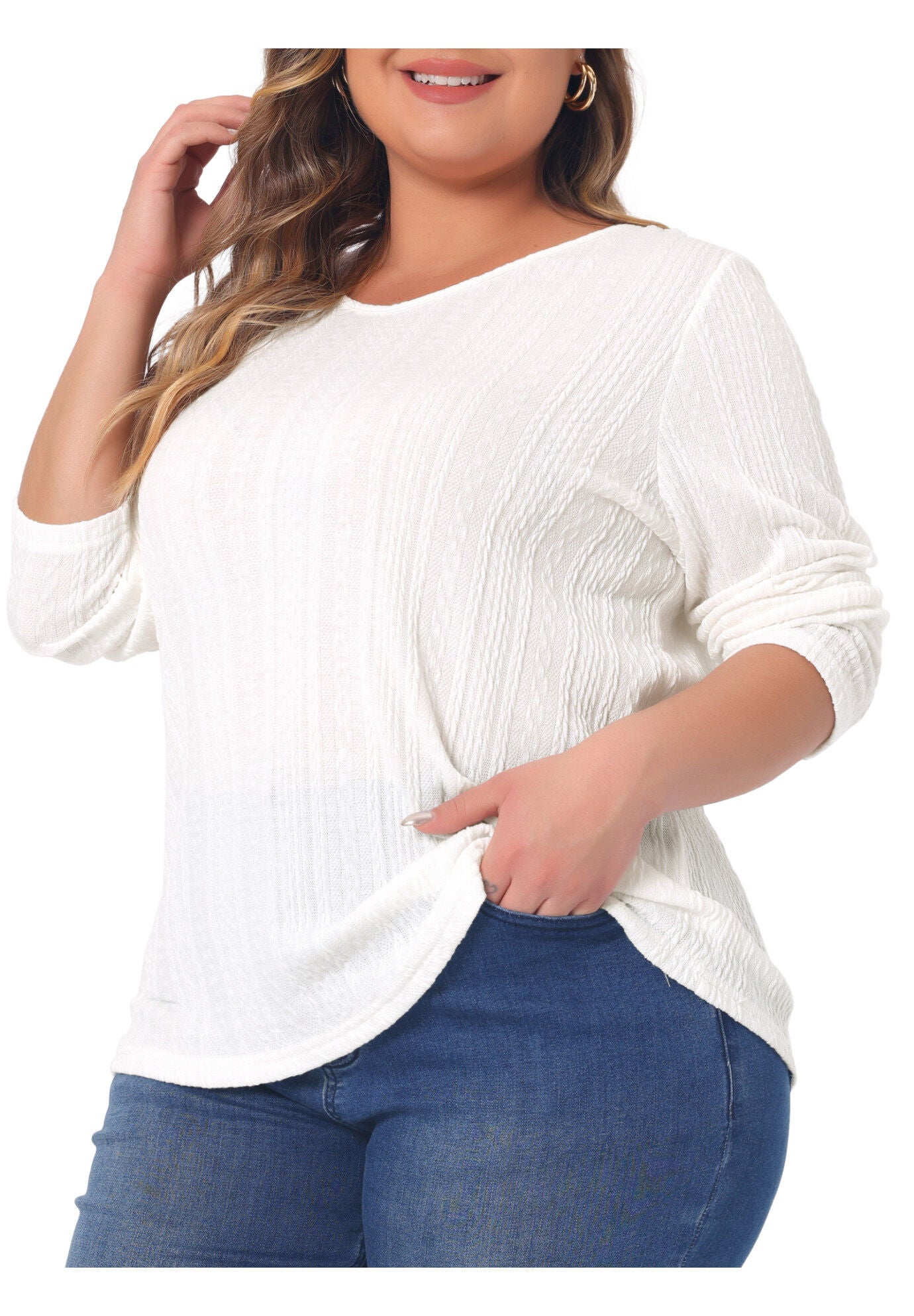 V Neck Long Sleeve Basic Knit Top Tee T-Shirt, White / White, alternate image number 1