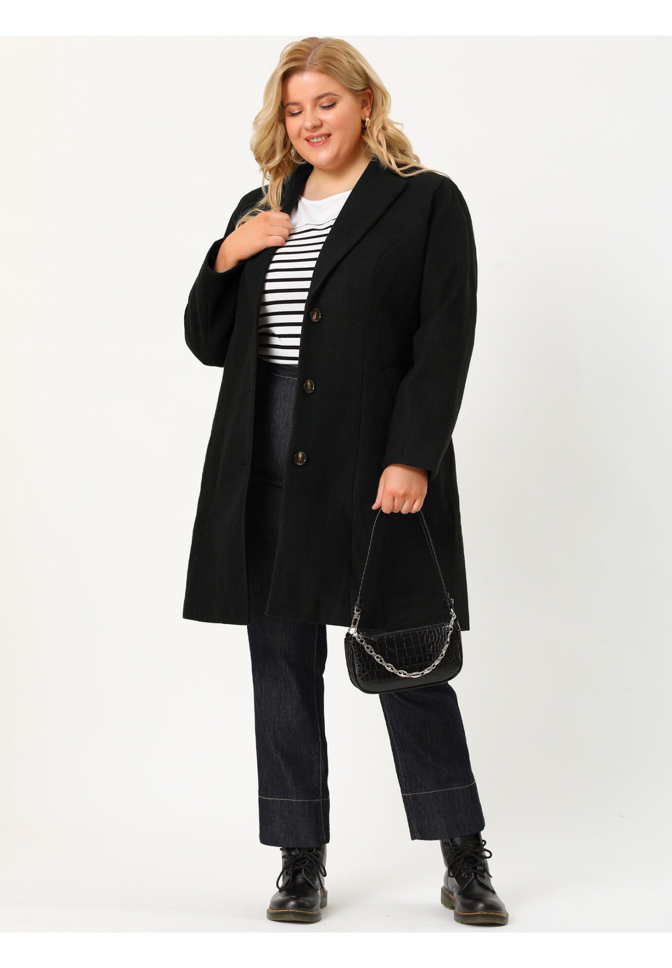 SINGLE BREASTED NOTCHED LAPEL LONG WINTER COAT, Black / Black, hi-res image number 0