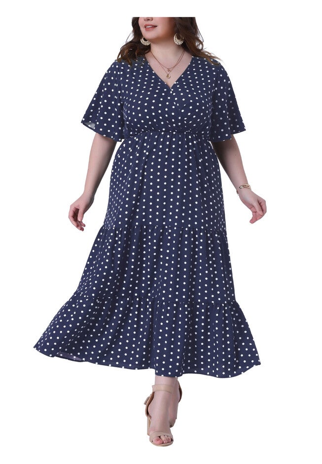 Wrap V Neck Polka Dots A-Line Tiered Summer Maxi Dress, Navy Blue / Navy, alternate image number 2