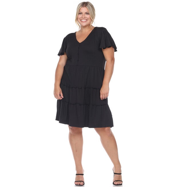 Short Sleeve V-neck Tiered Midi Dress, , alternate image number 5
