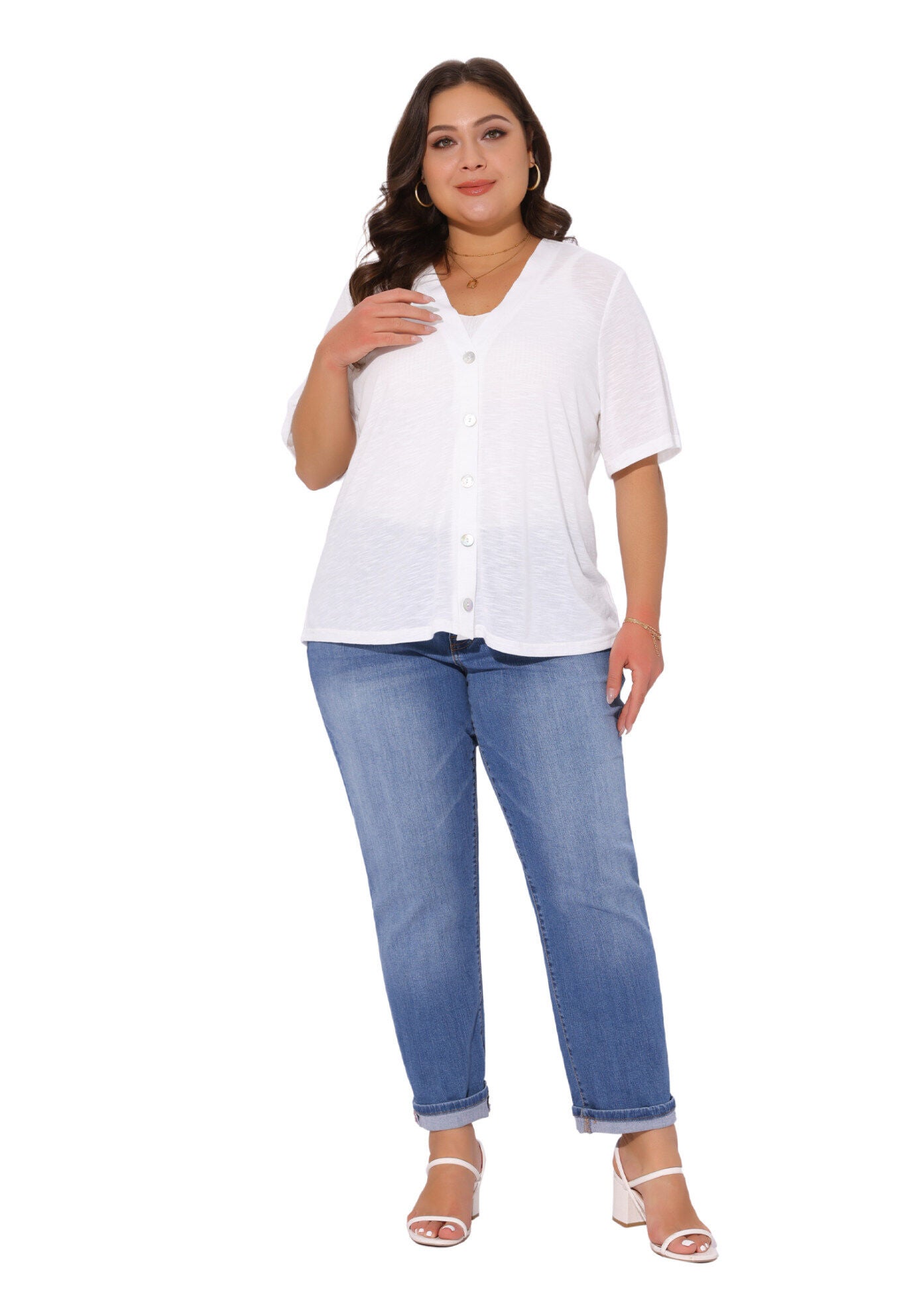 Button Down Sheer Short Sleeve Knitted Top, White / White, hi-res image number 0