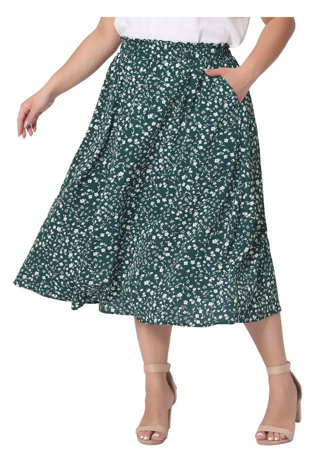 Printed Chiffon Elastic Waist Flowy Midi Skirt with Pockets, Dark Green / Forest Green, alternate image number 4