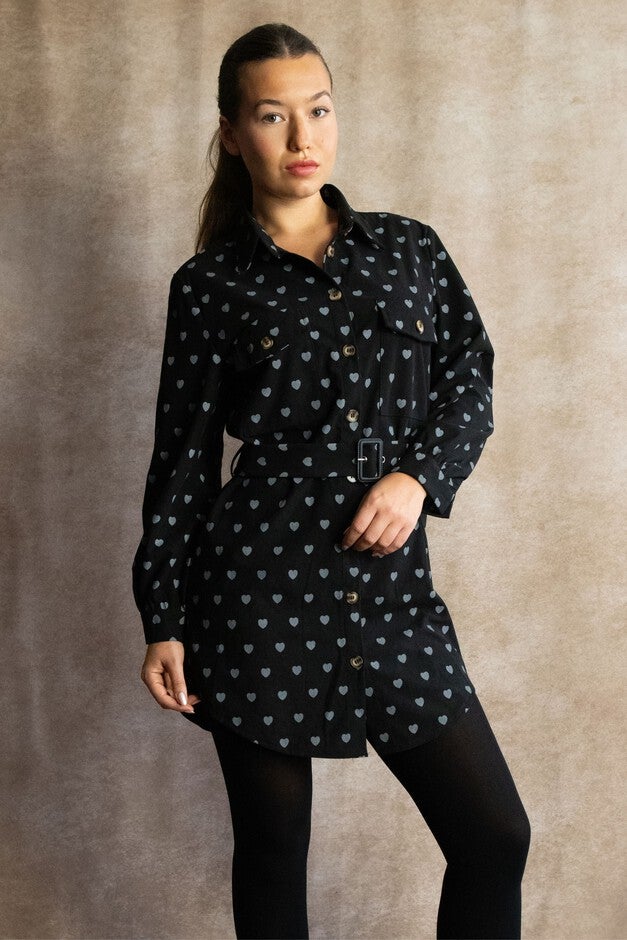 Annick - Stephanie Shirt Tunic- Mini Dress Corduroy Heart Print Belt, Black / Black, alternate image number 2