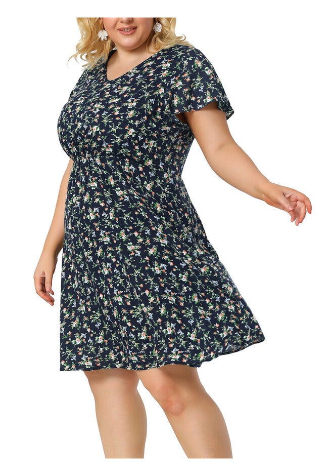 Summer V Neck Flare Sleeve Peplum Midi Ruffle Dress, Navy Blue / Navy, alternate image number null