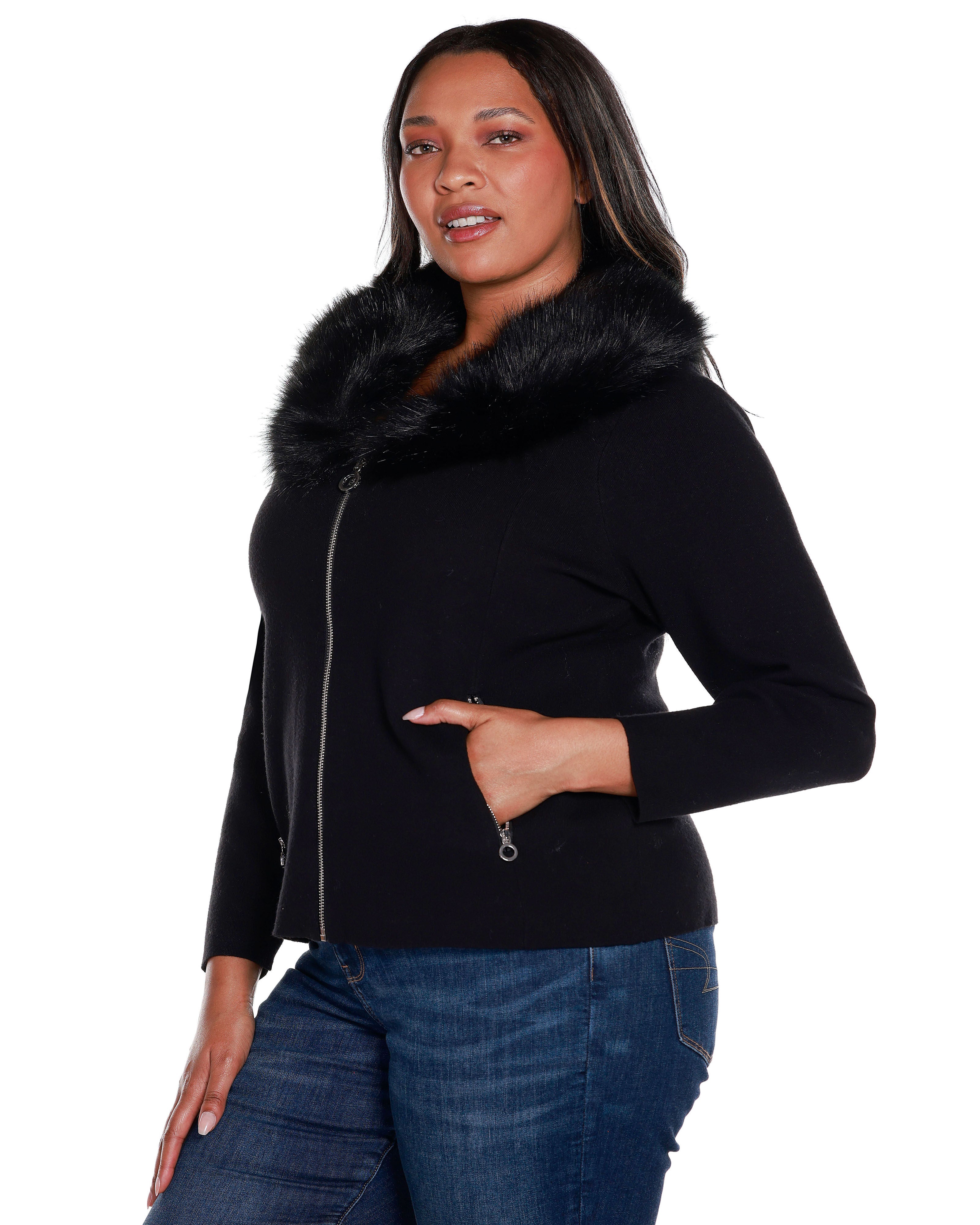 FAUX FUR COLLAR SHORT ZIP CARDIGAN SWEATER, Black / Black, alternate image number 2