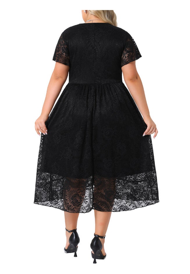 Lace Cocktail Faux Wrap V Neck Short Sleeve Flowy A Line Wedding Guest Midi Dress, Black / Black, alternate image number 2