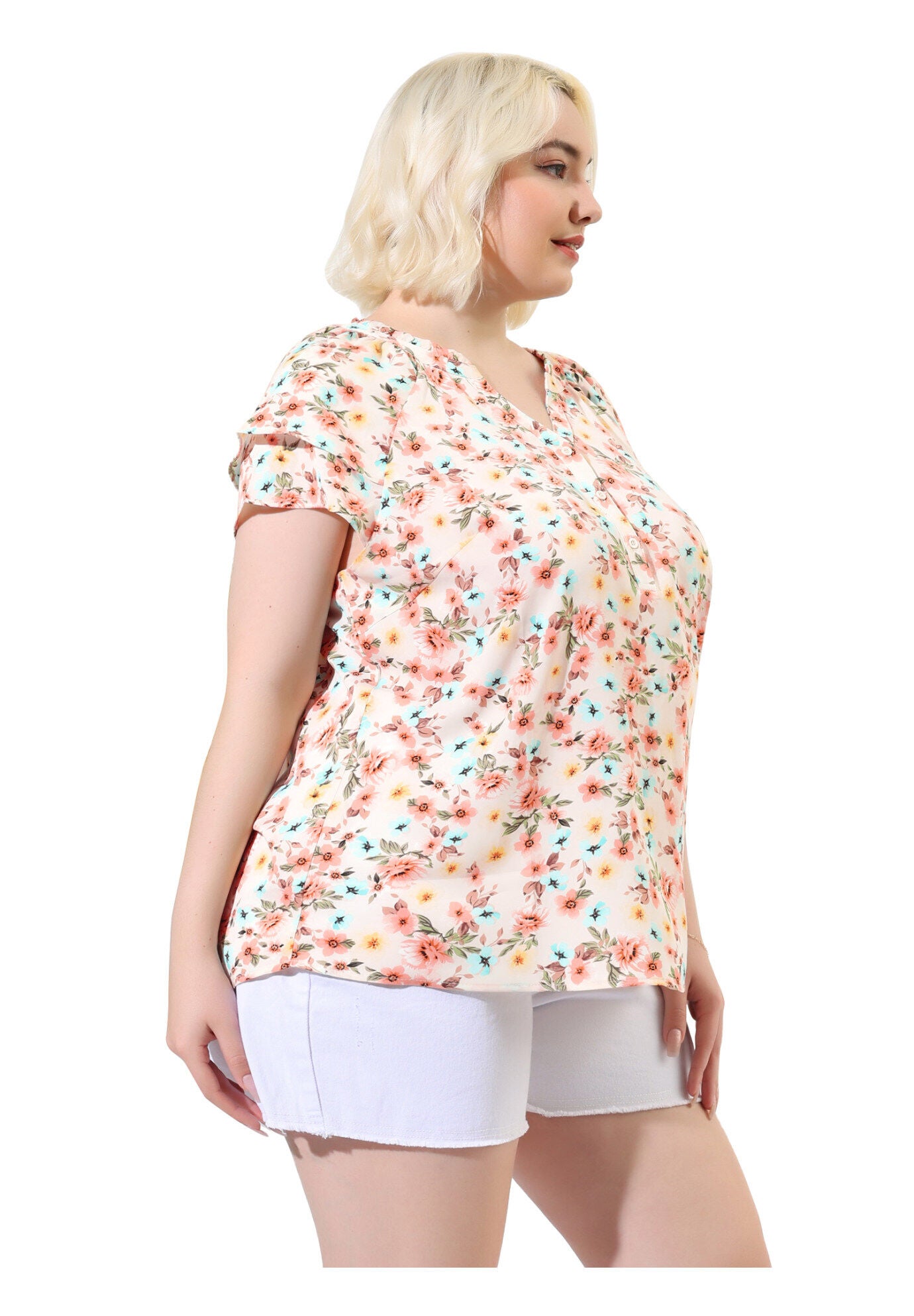 Floral Ruffle Trim V Neck Layered Sleeve Blouse, Pink / Pink, alternate image number 3