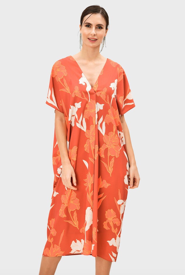 Tropical Floral Print Crepe Kaftan, Coral / Orange, hi-res image number null