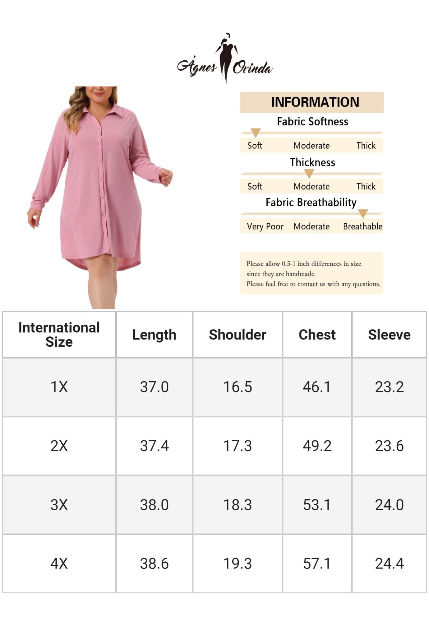 Long Sleeve Button Down Nightshirt V-Neck Sleepwear, Pink / Pink, alternate image number 4