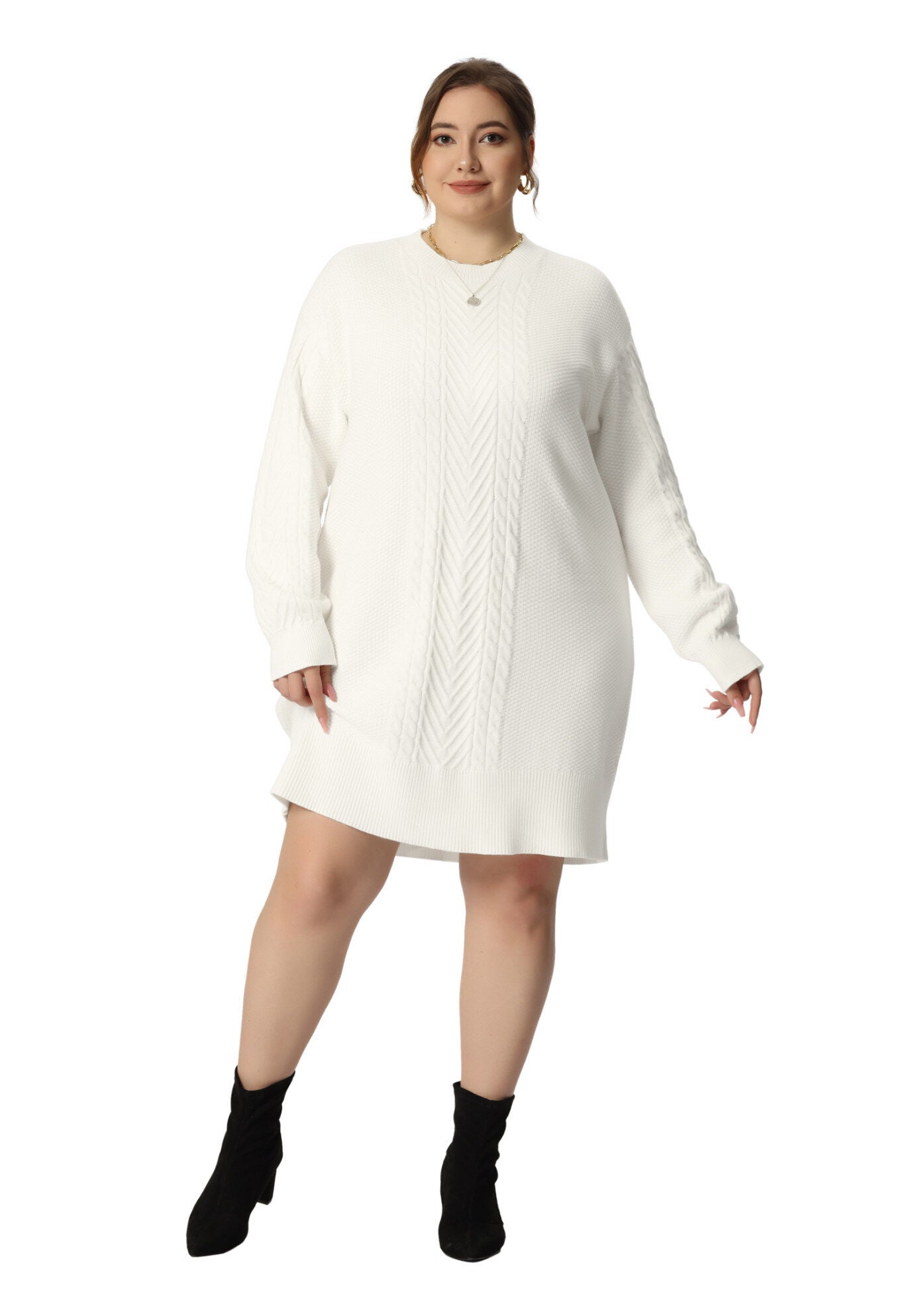 CREWNECK LONG SLEEVE KNIT TUNIC PULLOVER SHORT SWEATER DRESS, White / White, hi-res image number 0