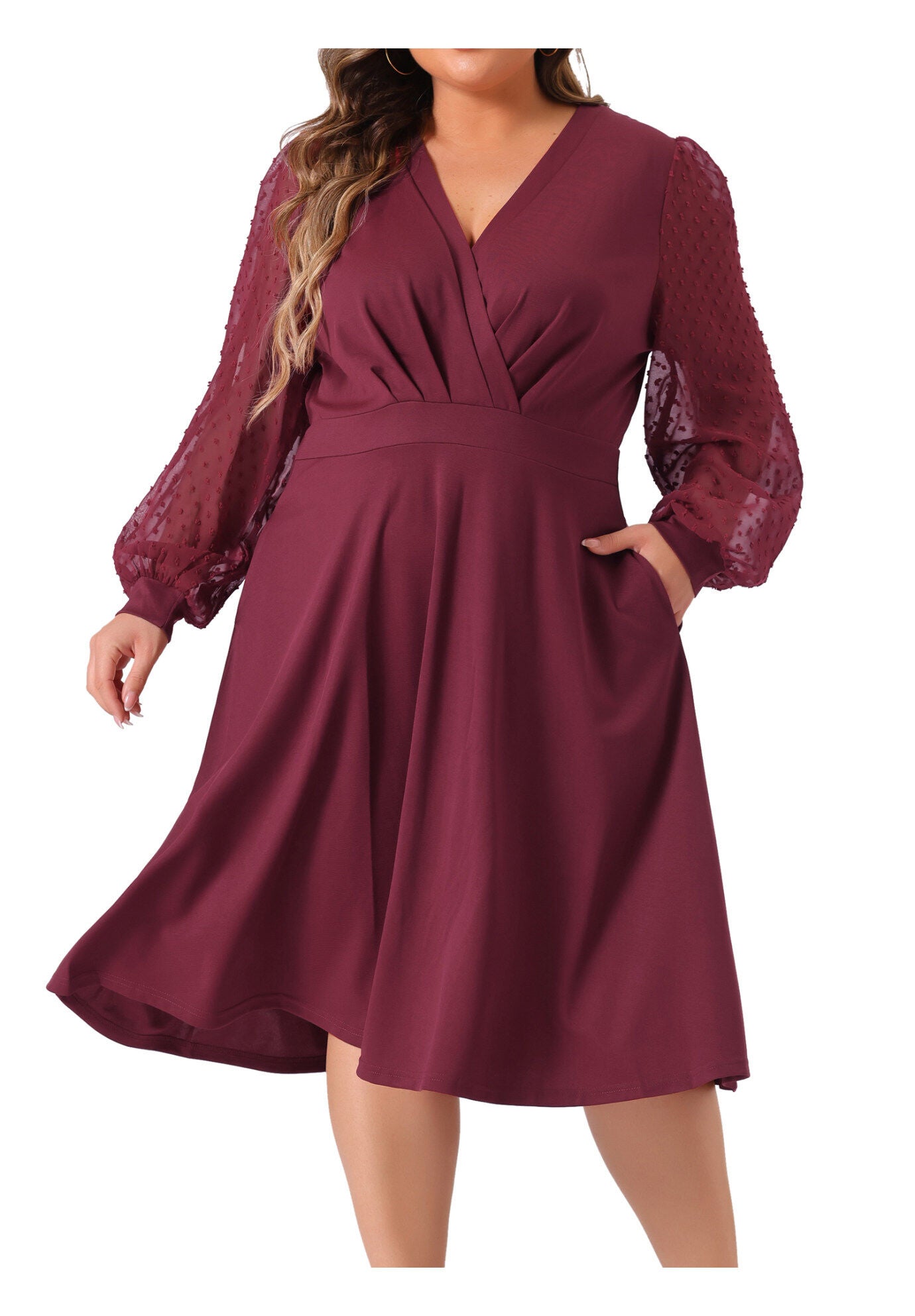 Long Sleeve Swiss Dots Formal Knee Length Dress, Burgundy / Burgundy, alternate image number 2