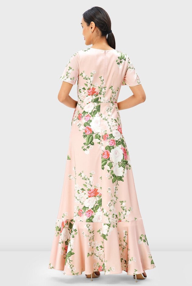 Floral Print Satin Faux-Wrap Dress, Peach / Pink, alternate image number null