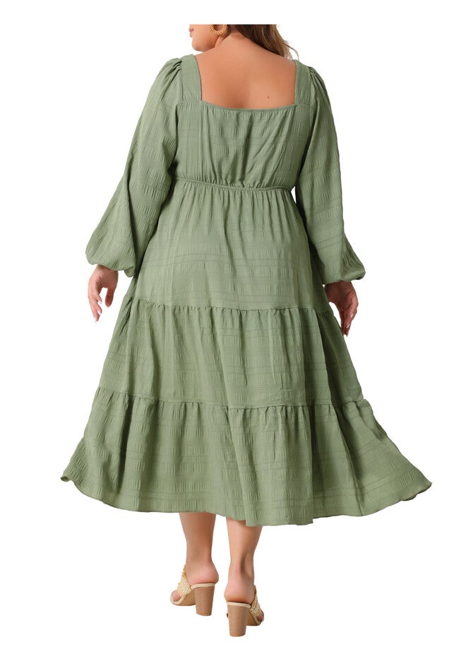 Square Neck Long Sleeve Flowy A Line Tiered Midi Dress, Green / Sage Green, alternate image number null