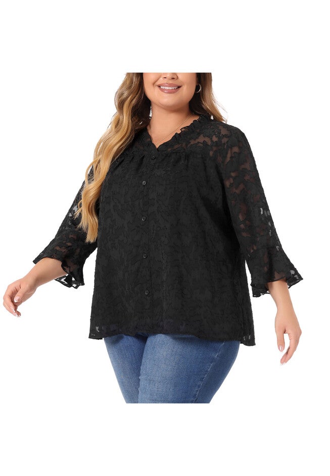 Ruffle V Neck 3/4 Bell Sleeve Semi Sheer Blouse, Black / Black, alternate image number 1