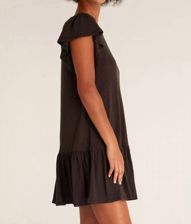 FLUTTER SLUB MINI DRESS IN VINTAGE BLACK, , alternate image number null