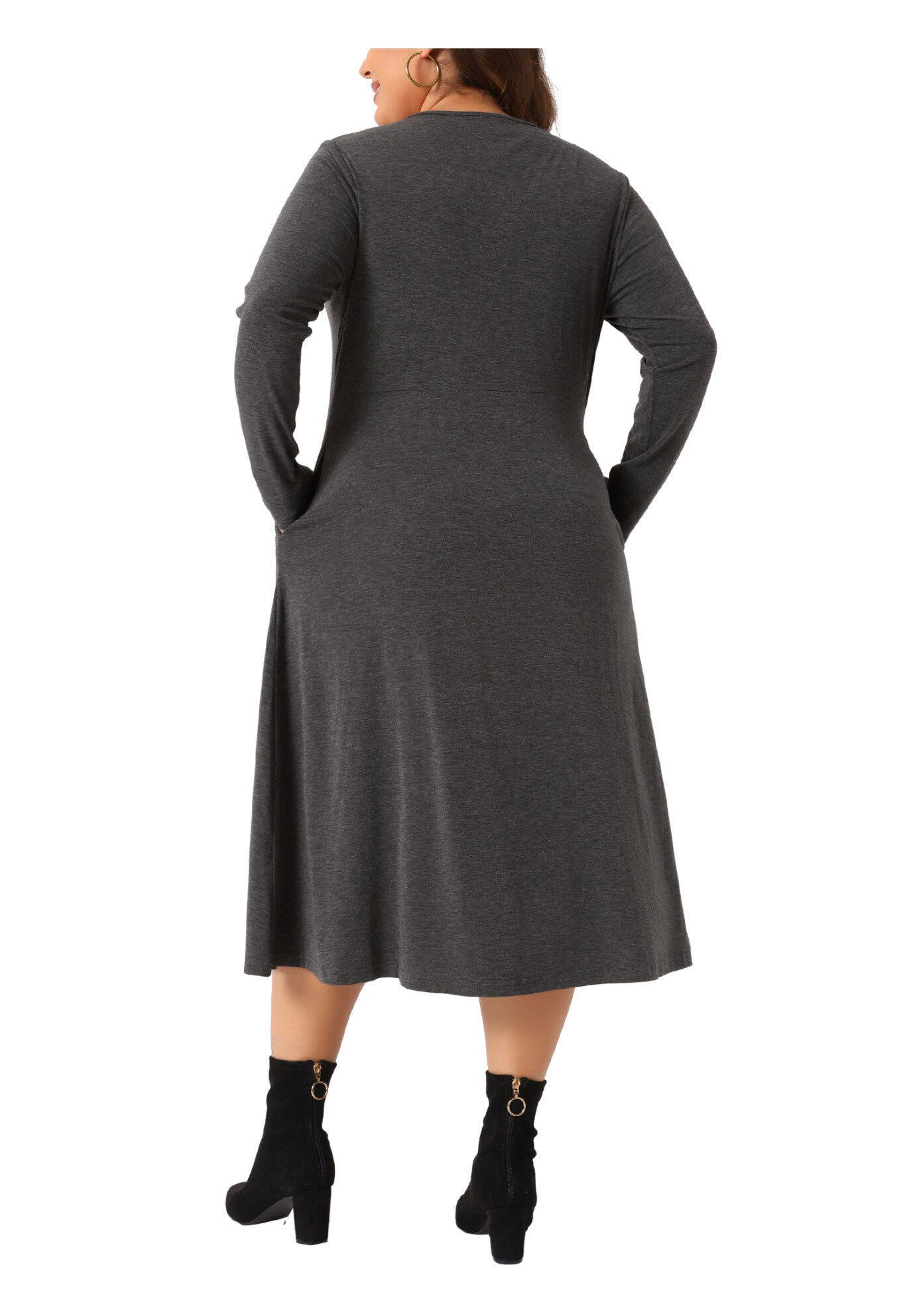 Crew Neck Long Sleeve T-Shirt Dress with Pockets, Dark Gray / Charcoal Grey, alternate image number 3