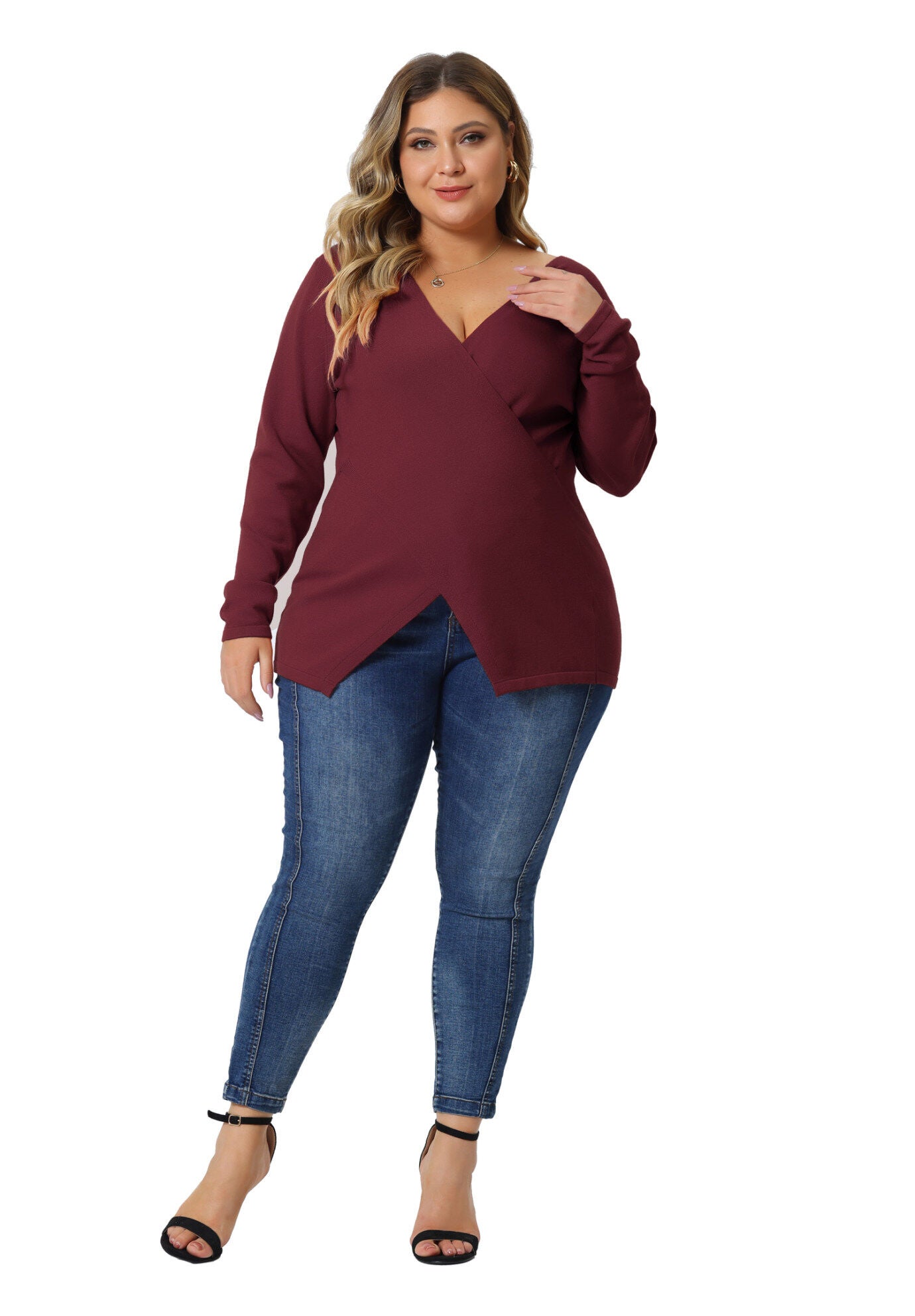 Wrap V Neck Criss Cross Asymmetrical Knit Top, Red / Red, hi-res image number 0