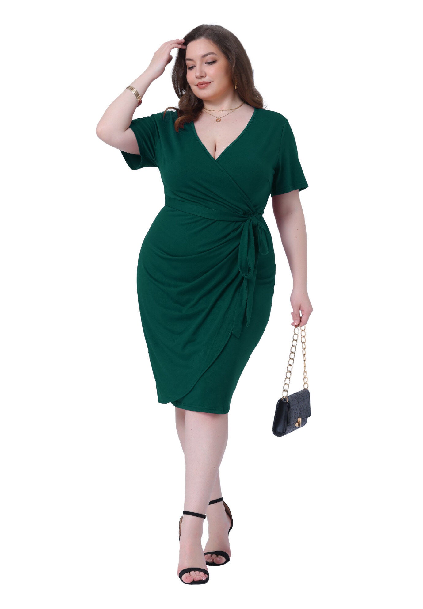 V Neck Ruched Wrap Belted Bodycon Midi Dress, Dark Green / Forest Green, hi-res image number 0