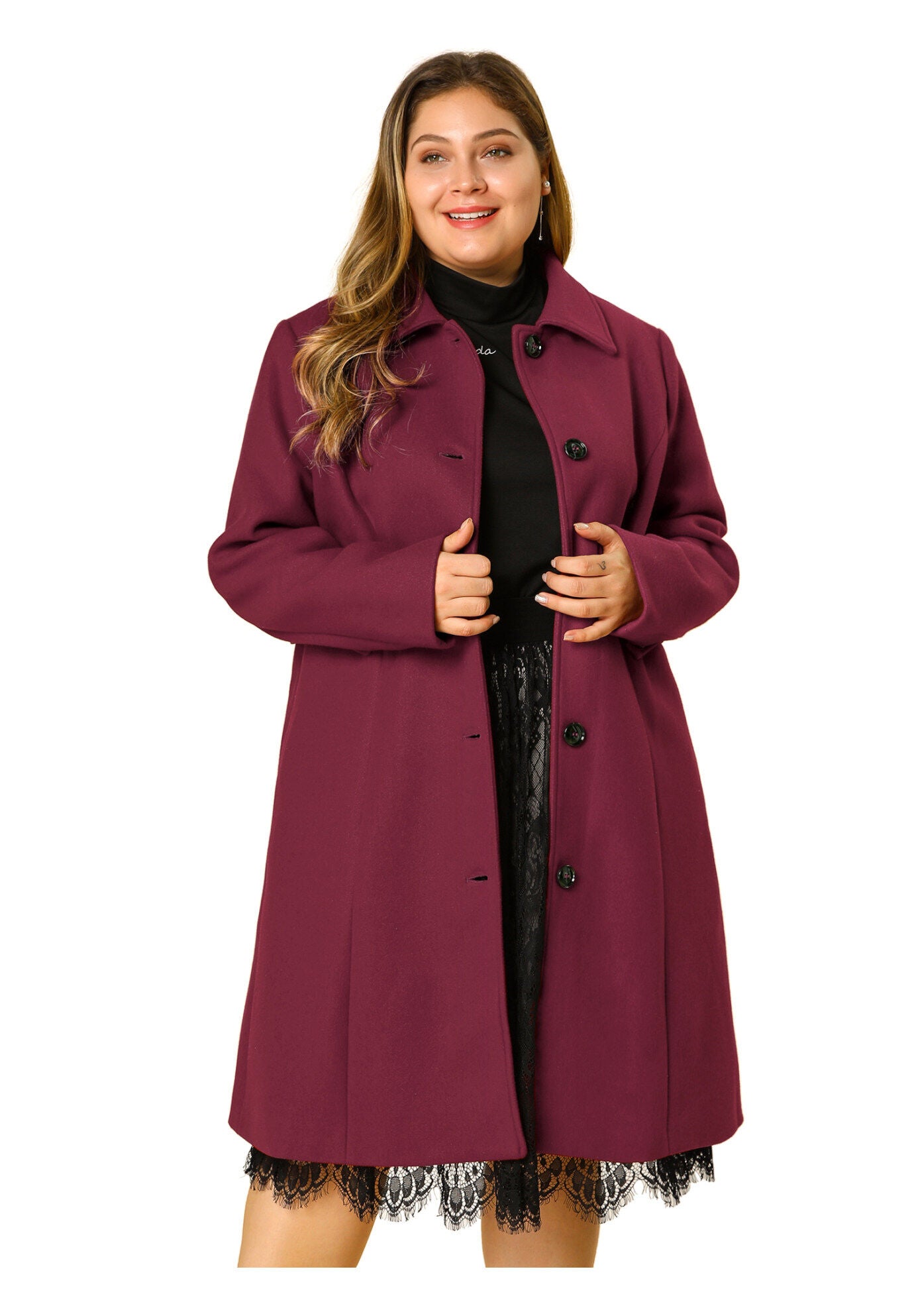 SINGLE BREASTED BELTED WINTER LONG COAT, Burgundy / Red, alternate image number 1