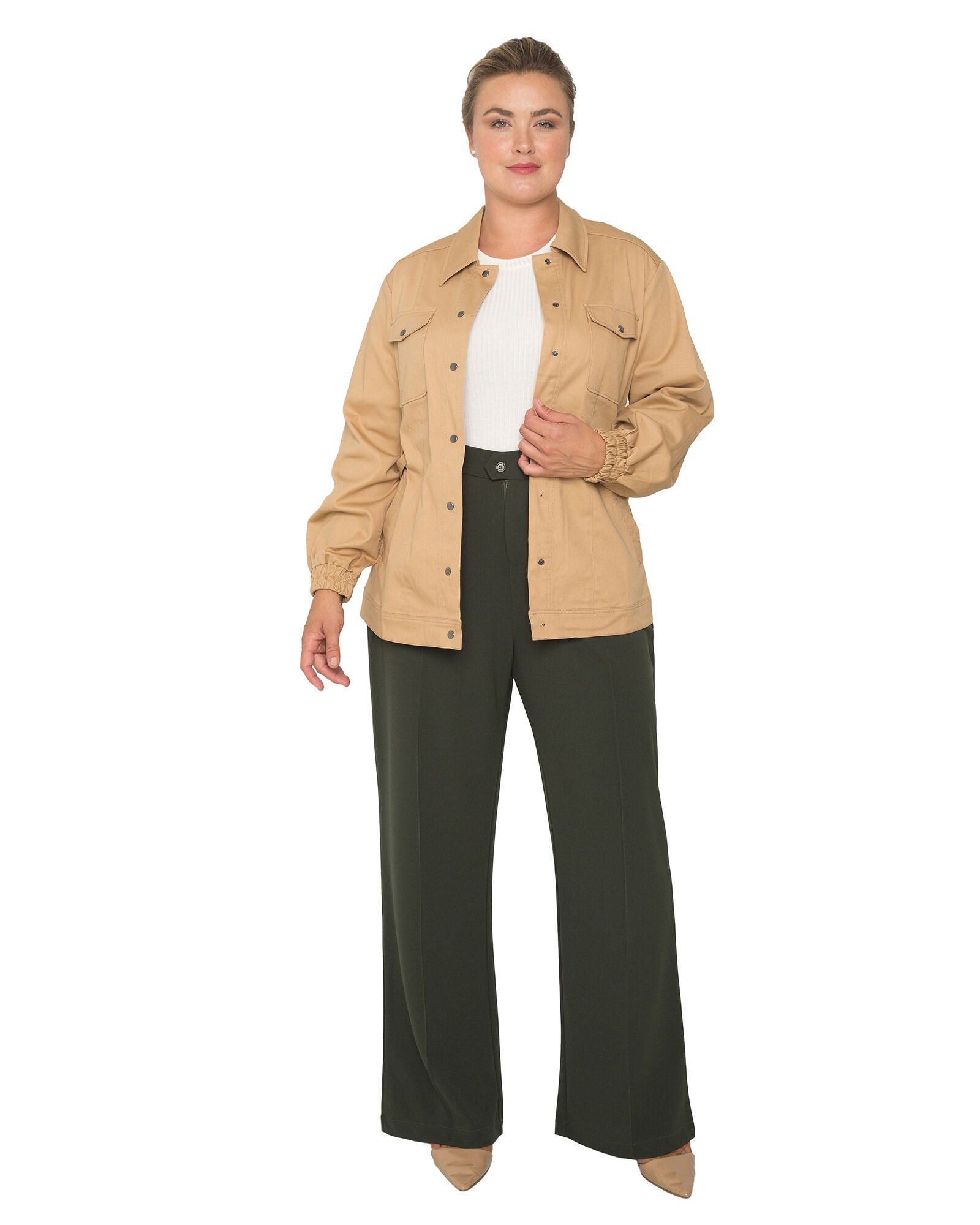 Plus Size Erica Pintuck Stretch Crepe Wide Leg Trouser, Olive / Forest Green, alternate image number 4