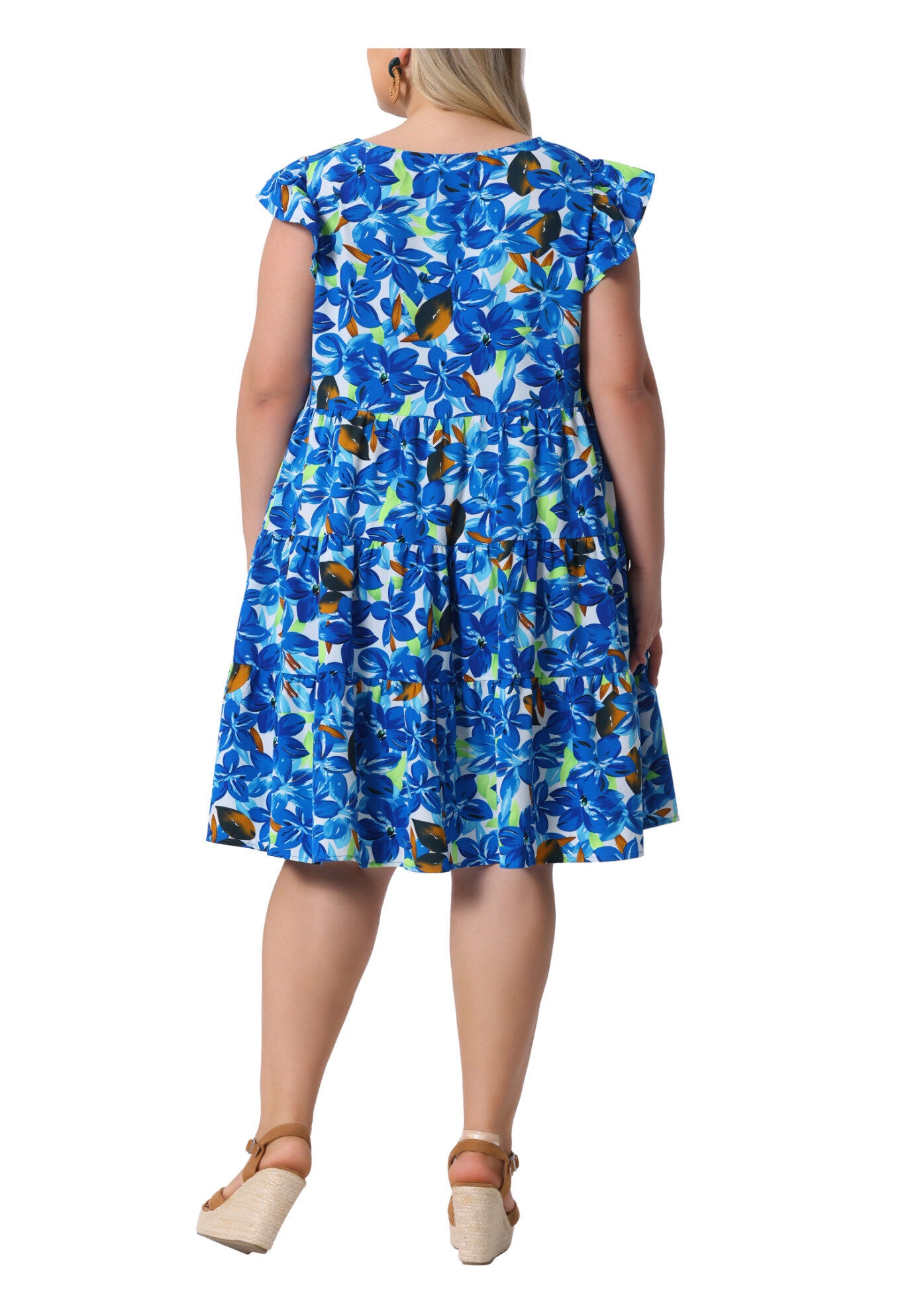 Summer Flutter Sleeves Floral Print Tiered Babydoll Ruffle Dress, Blue / Azure Blue, alternate image number 3