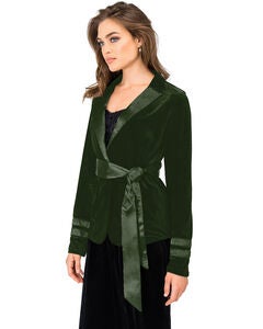 Plus Size Lottie Stretch Velvet Wrap Smoking Jacket With Satin Lapel And Satinbelt