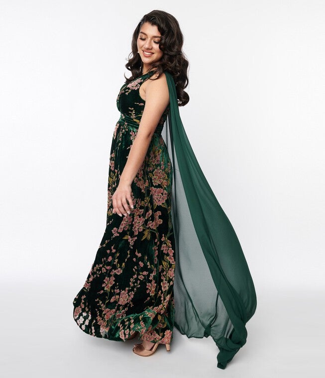 Unique Vintage Emerald & Cherry Blossom Velvet Cape Maxi Dress, , alternate image number null