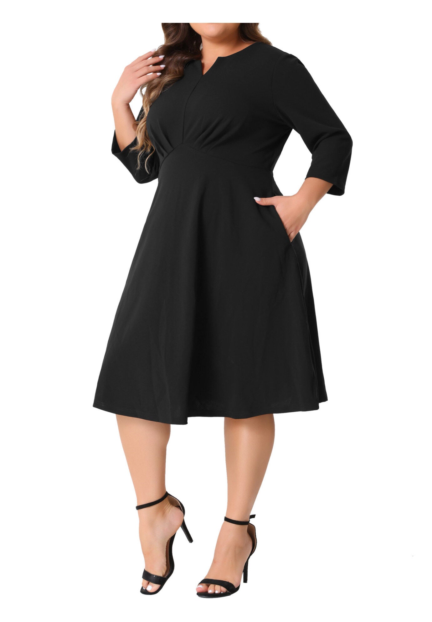 Notched V Neck 3/4 Sleeve A-Line Midi Dress, Black / Black, alternate image number 2