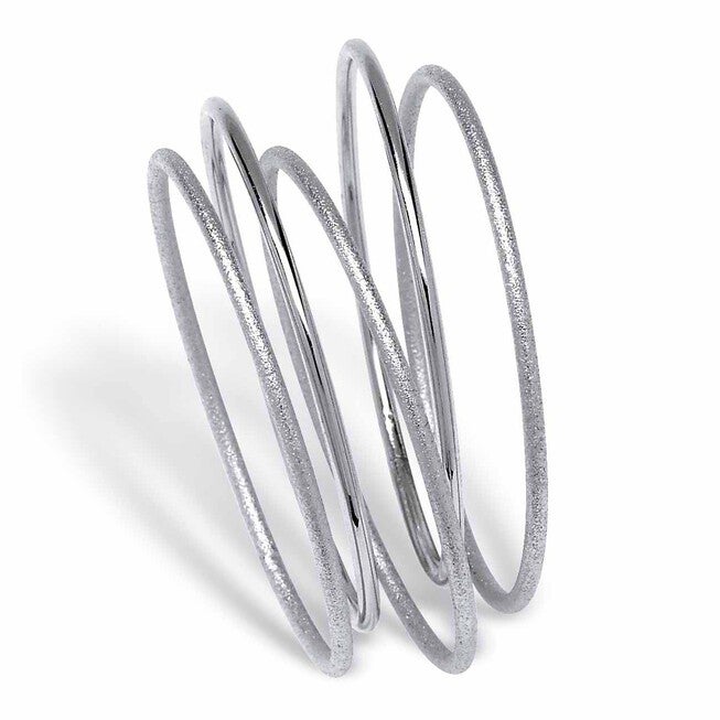 Textured and Polished 5-Piece Bangle Bracelet Set in Silvertone 9 inches, White / White, hi-res image number 0