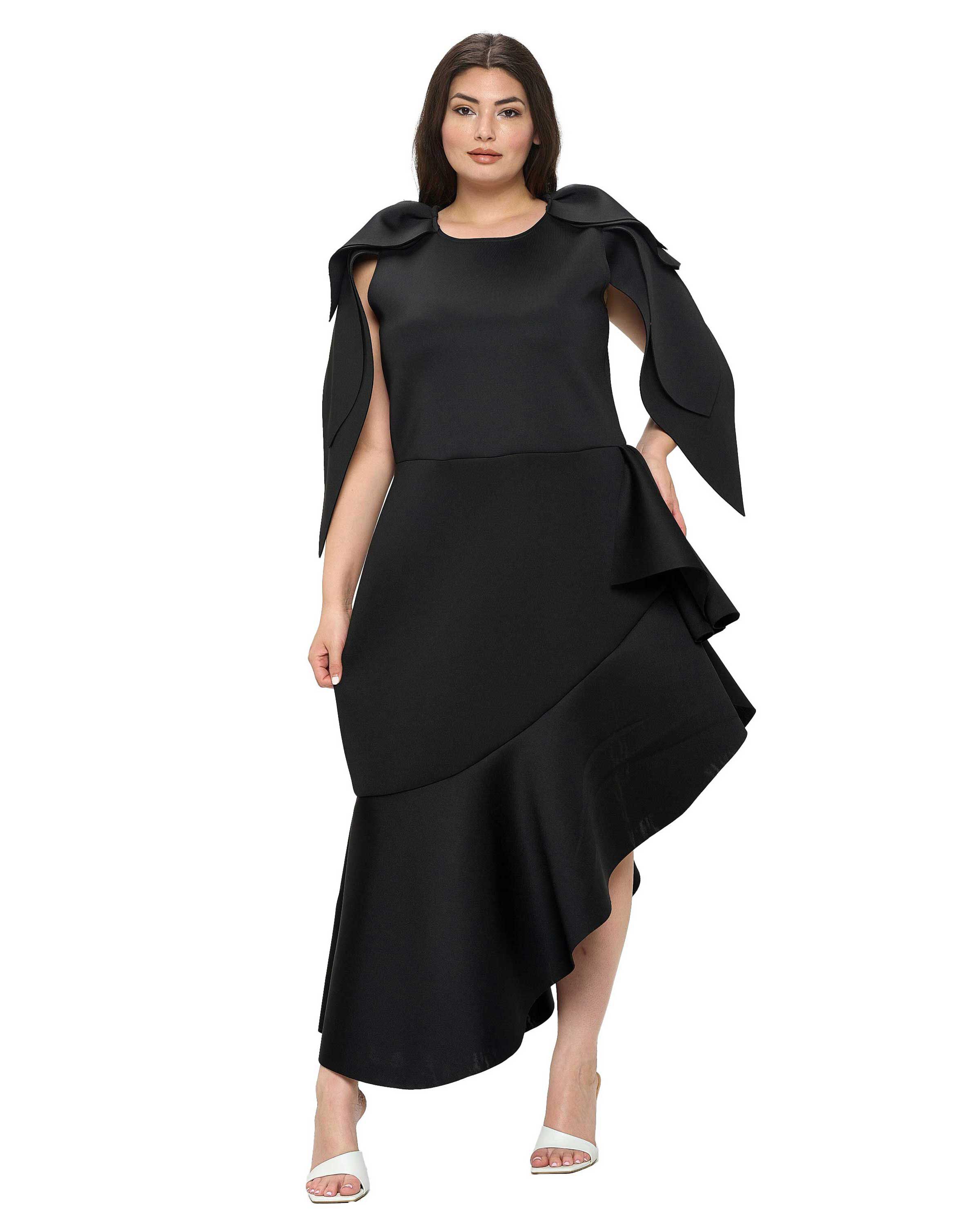 KASKADE RUFFLED NEOPRENE DRESS, Black / Black, hi-res image number 0