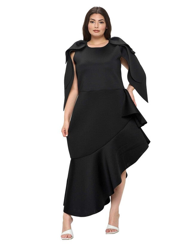 KASKADE RUFFLED NEOPRENE DRESS, Black / Black, hi-res image number 0